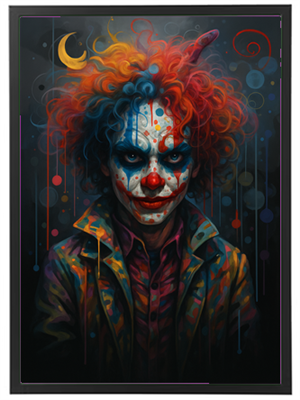 Et portræt af en klovn med farverigt hår og dramatisk ansigtstræk, der skaber en uhyggelig atmosfære.