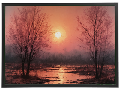 En malerisk solnedgang med træer, der reflekterer i vandet, omgivet af en tåget atmosfære.