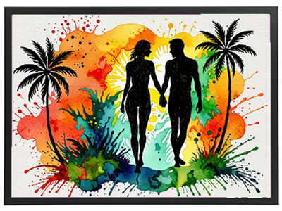 En silhuet af et par, der holder hænder, omgivet af farverige akvarelleffekter og palmer.