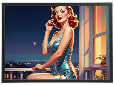 En stiliseret kvinde i en glitrende kjole sidder på en balkon med nattehimmel og bylys i baggrunden.