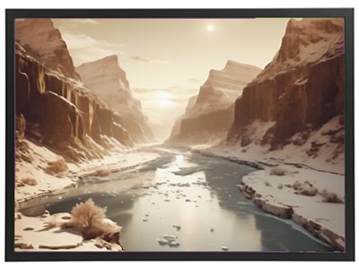 Et smukt vinterlandskab med en isfyldt flod, omkranset af majestætiske klipper og sollys.