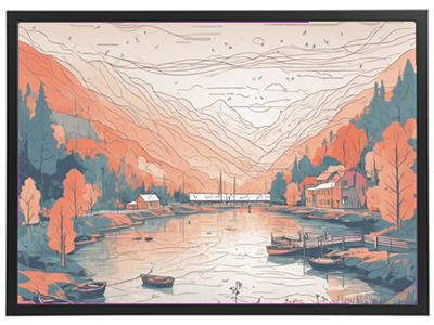 Et stiliseret billede af en sø omgivet af bjerge og træer, med både og bygninger langs bredden.