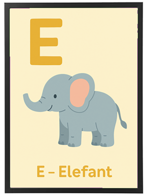 Et farverigt billede af en sød elefant, der illustrerer bogstavet E.