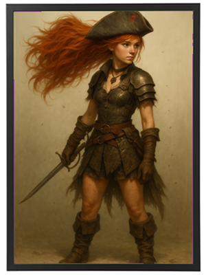 En ung kvindelig pirat med rød hår, iført rustning og med et sværd i hånden.