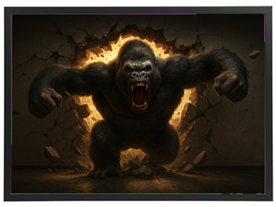 En mægtig gorilla brøler, mens den bryder gennem en mur, omgivet af flammer.