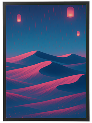 Et farverigt ørkenlandskab med bølgende sandklitter og svævende lys i natten.