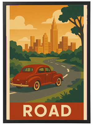 En rød bil kører på en snoet vej med en by i baggrunden, omgivet af træer.