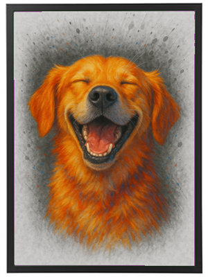 Et portræt af en glad, smilende hund med gyldent pels.