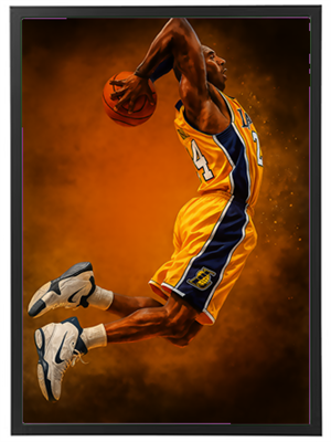 En basketballspiller i mid-air, klar til at dunker bolden, med en baggrund i varme farver.