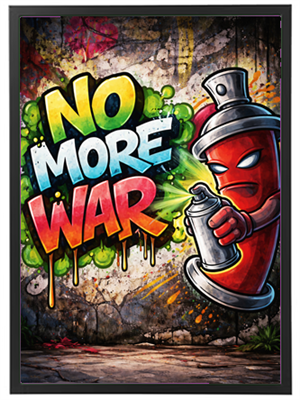 Et farverigt graffiti-værk med teksten No More War og en karakter, der sprayer maling.