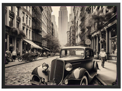 Et sort-hvidt billede af en vintage bil parkeret på en brostensbelagt gade med høje bygninger og Empire State Building i baggrunden.