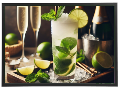 En lækker mojito serveret med friske limebåde og mynteblade, omgivet af champagneglas.