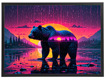 Et kunstnerisk billede af en bjørn, der står i vandet med en dramatisk solnedgang i baggrunden.