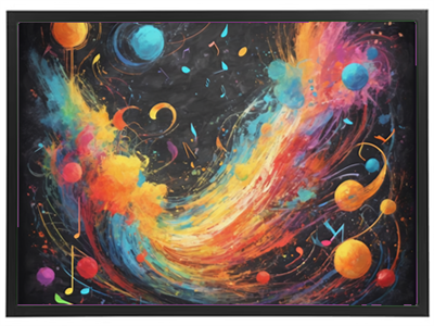 Et abstrakt maleri med farverige elementer, der symboliserer musik og rummet.