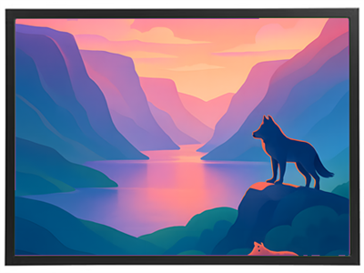 En stiliseret illustration af en ulv, der står på en klippe med udsigt over en farverig flod og bjerge i solnedgang.