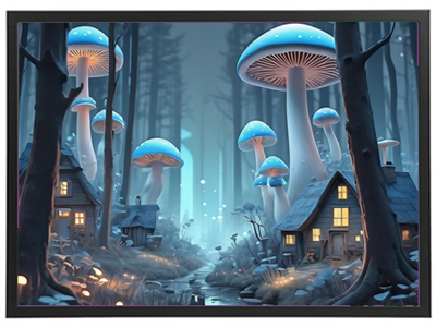 En drømmende skovscene med store, lysende svampe og små huse, der skaber en magisk atmosfære.