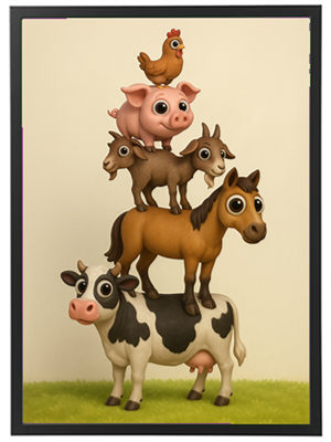 En farverig stak af dyrefigurer, herunder en høne, gris, æsler, hest og ko.
