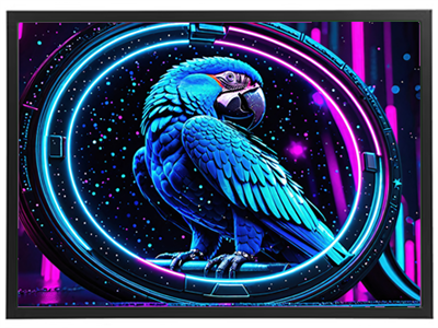 En farverig papegøje i neonfarver, indrammet af lysende cirkler og stjerner.