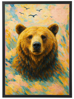 Et maleri af en bjørn med en farverig baggrund, der skaber en drømmende atmosfære.