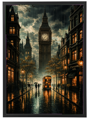 En stemningsfuld gade med Big Ben i baggrunden, oplyst af gadelygter i regnvejr.