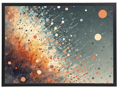 Et abstrakt billede med farverige prikker og linjer, der skaber en dynamisk komposition.