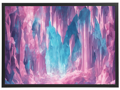 En digital illustration af en isgrotte med nuancer af pink og blå.