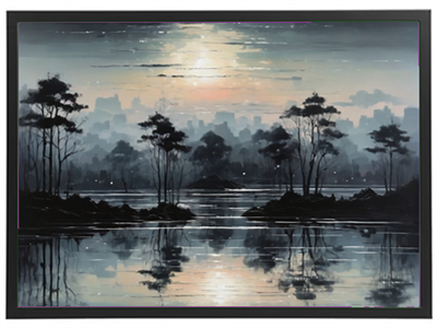 En malerisk skildring af en sø med træer, der spejler sig i vandet under en dæmpet himmel.