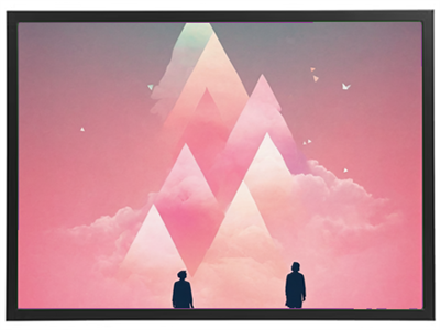 Et surrealistisk landskab med farverige, geometriske bjerge og silhuetter af to personer.