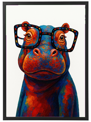 Et kunstnerisk billede af en flodhest iført briller, malet i levende farver.