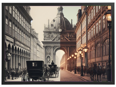 En deling af et gadebillede, der viser en historisk scene med hestevogne og en moderne bysilhuet.