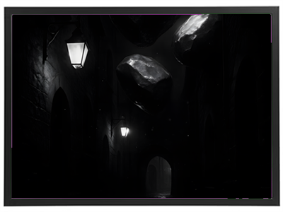 Et dramatisk sort-hvidt billede af en mørk gade oplyst af gadelygter, med svævende sten over.