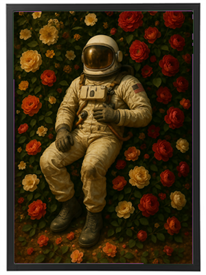 Et billede af en astronaut, der sidder blandt farverige roser, hvilket skaber en drømmende kontrast.