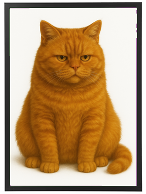 Et portræt af en stor, orange kat med en utilfreds mine, der sidder på en hvid baggrund.