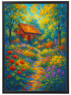 Et malerisk landskab med en rød hytte omgivet af farverige blomster og træer.