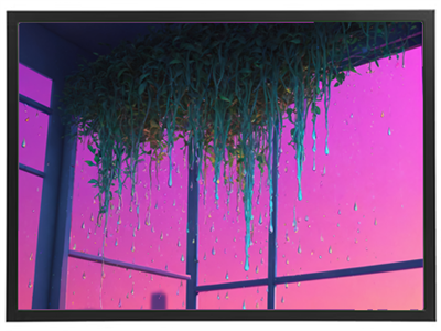 Et billede af planter hængende fra loftet med dråber, der falder mod en farverig baggrund.