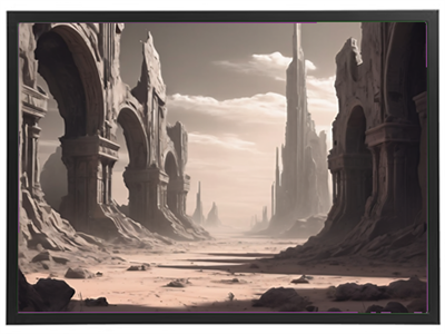 Et storslået landskab med forvitrede ruiner og majestætiske klippeformationer under en dyster himmel.