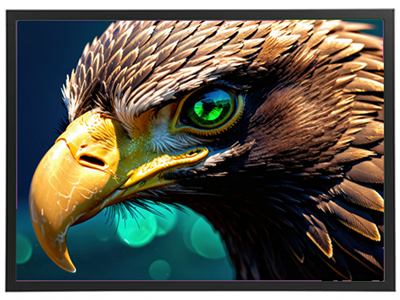 Nærbillede af en ørn med en imponerende fjerdragt og strålende grønne øjne.