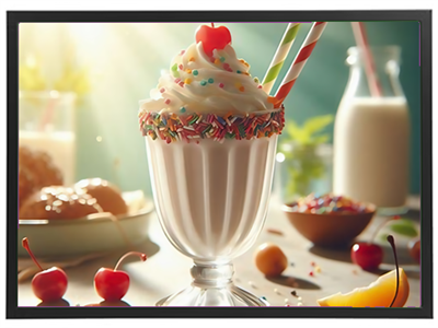 En farverig isdessert med flødeskum, kirsebær, strøelse og sugerør, omgivet af friske ingredienser.