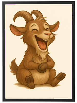 En sød, illustreret ged, der griner og ser glad ud, med store ører og krøllede horn.