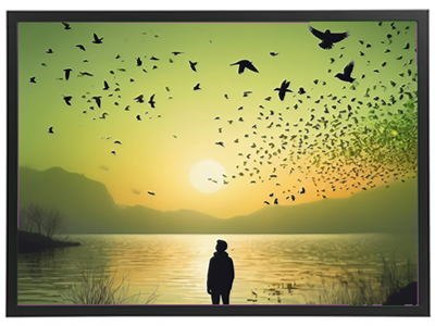 En silhuet af en person står ved en sø, omgivet af sværme af fugle under en farverig solnedgang.