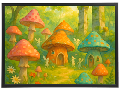 En farverig skovscene med store svampehuse og små feer, der bevæger sig mellem dem.