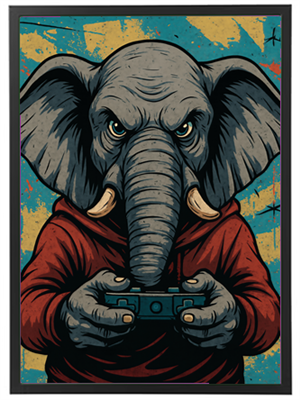 Et farverigt kunstværk af en elefant i en rød hættetrøje, der spiller videospil.