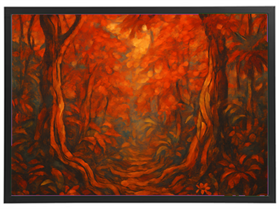 Et maleri af en skov med intense røde nuancer, der skaber en drømmende atmosfære.