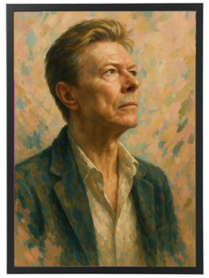 Et maleri af en mand med kort hår, iført en jakke, der ser opad med en eftertænksom mine.