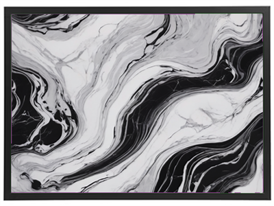 Et abstrakt billede med bølgende sorte og hvide marmormønstre i en ramme.