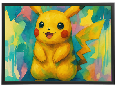 Et livligt maleri af Pikachu med en farverig baggrund, der fremhæver dens glade udtryk.