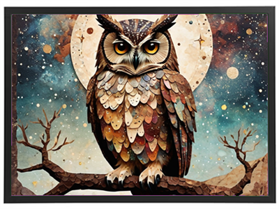 En detaljeret og farverig illustration af en ugle siddende på en gren med en stor måne i baggrunden.