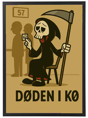 En illustration af Døden, der sidder i en kø og holder et nummer.