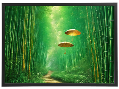 En smuk bambusskov med en sti og hængende gyldne paraplyer, der skaber en drømmende atmosfære.