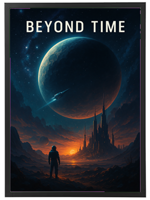 En futuristisk scene med en person, der står foran en planet og en storslået horisont.